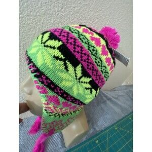 Peruvian Chullo hat Neon Florescent Pink Pom blacklight